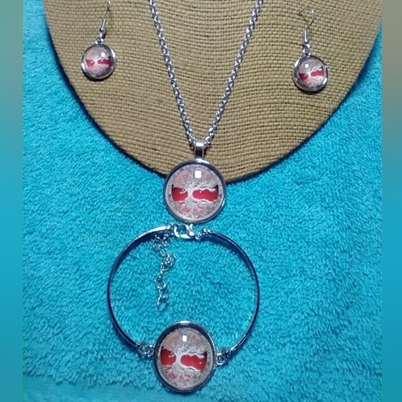 Silvertone white red tree of life necklace bracelet earrings set - Picture 4 of 4